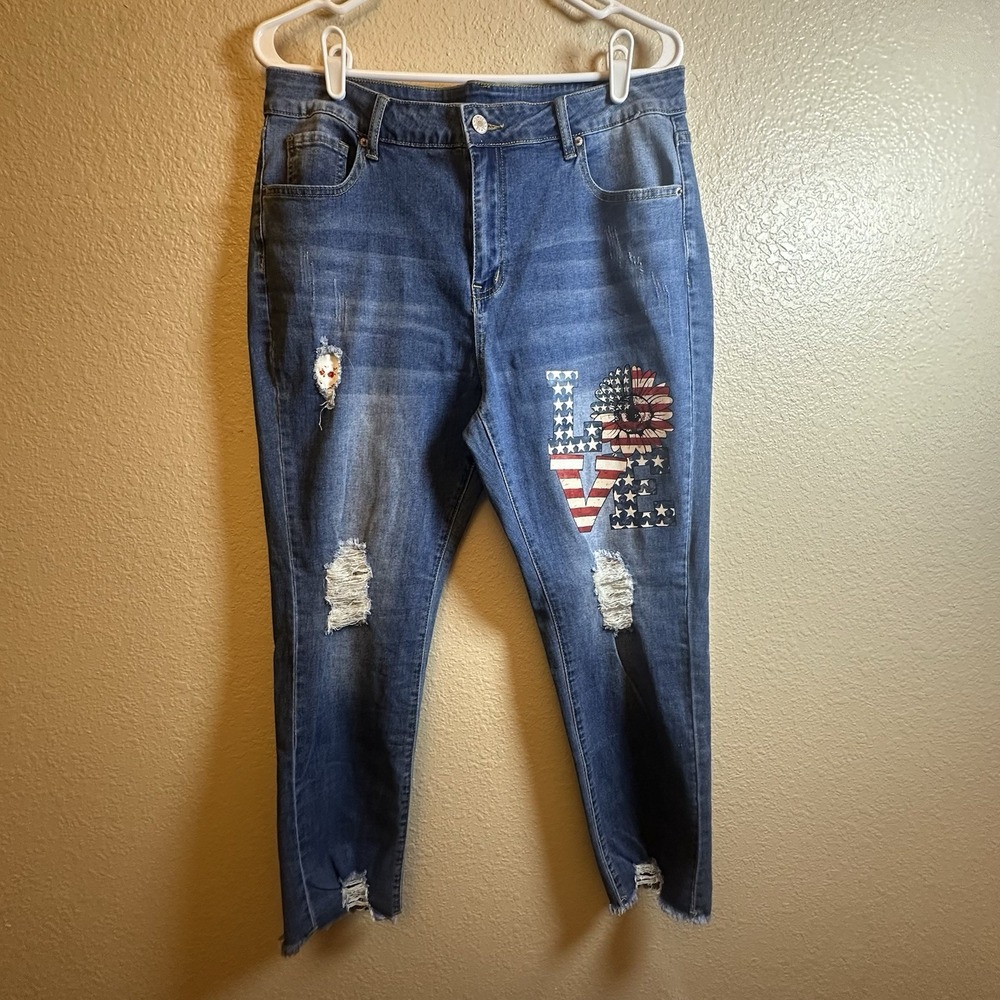 Distressed American Denim Straight Leg XL Raw Hem Boho Chic July 4th Patriotic